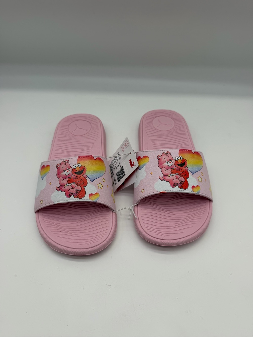 Puma Pink Slide Sandals with Rainbow Heart & Character Print